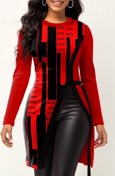 Geometric Print Split Red Round Neck T Shirt