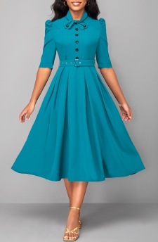 Half Sleeve Turquoise Tie Belted Dress