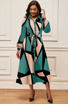 Geometric Print Button Belted Turquoise Shirt Collar Dress