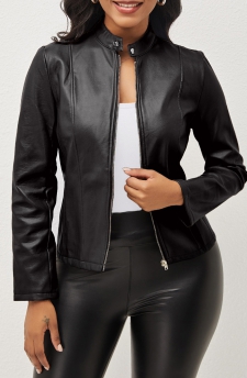 Zipper Stand Collar Long Sleeve Black Jacket