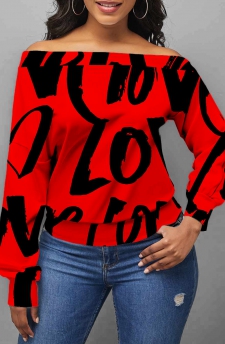 Letter Print Skew Neck Long Sleeve Red Valentines Sweatshirt