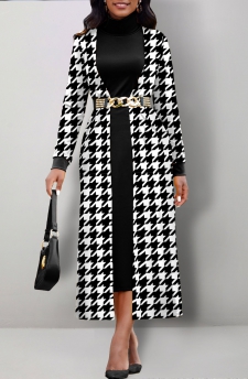 Houndstooth Print Fake 2in1 Black Dress