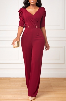 Wine Red Long Heart Collar Surplice Jumpsuit