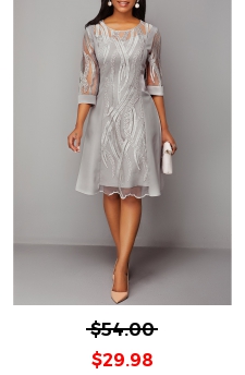 Lace Panel 3/4 Sleeve Light Grey Dress