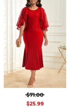 Lace Stitching Wine Red Cape Sleeve Dress