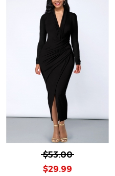 V Neck Surplice Black Long Sleeve Bodycon Dress