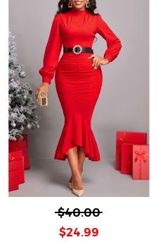 High Low Red Long Sleeve Mermaid Dress