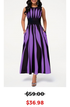 Round Neck Stripe Print Pocket Dress