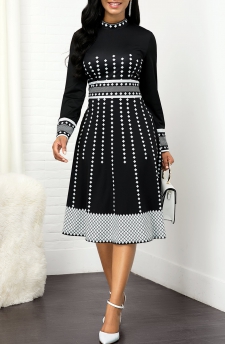 Mock Neck Geometric Print Long Sleeve Dress
