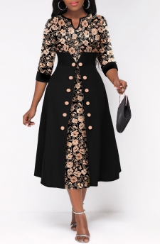 Random Floral Print Button Black Split Neck Dress