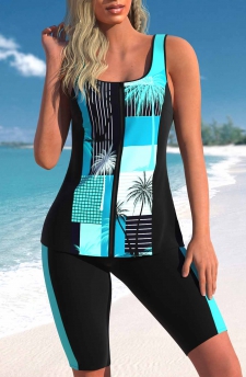 Mid Waisted Plants Print Zipper Cyan Tankini Set