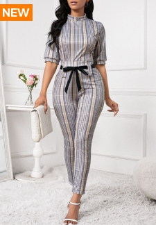 Plaid Tie Belted Light Coffee Skinny Top and Pants