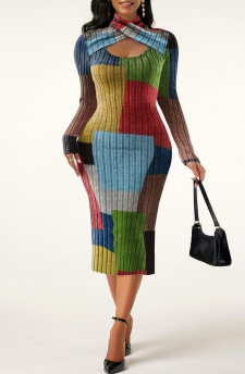 Criss Cross Rainbow Color Halter Bodycon Dress