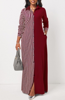 Pocket Wine Red Striped Maxi Dress