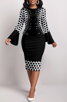 Geometric Print Fake 2in1 Black Bodycon Dress