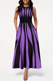Round Neck Stripe Print Pocket Dress