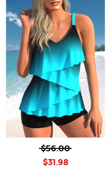 Ombre Layered Hem Cyan Tankini Top