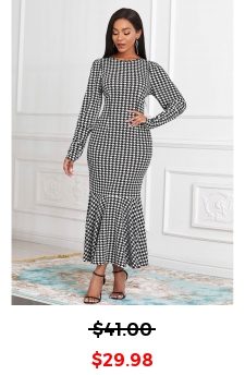 Round Neck Houndstooth Print Long Sleeve Mermaid Dress 