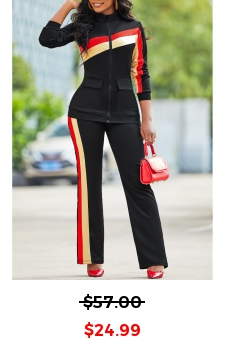 Black Zipper Contrast Long Sleeve Sweatshirt Set