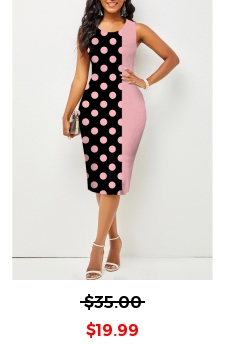 Polka Dot Pink Sleeveless Round Neck Bodycon Dress