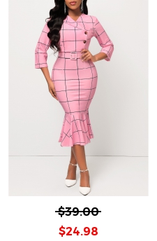 Pink Belted Plaid Button Mermaid Dress