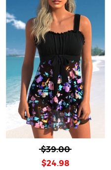 Floral Print Bowknot Black Swimdress Top