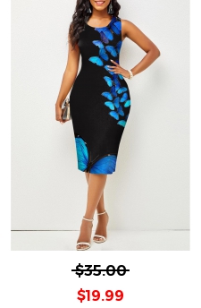 Valentines Butterfly Print Sleeveless Blue Bodycon Dress