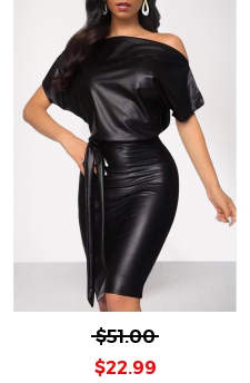 Belted Black Faux Leather Short Sleeve Bodycon Dress