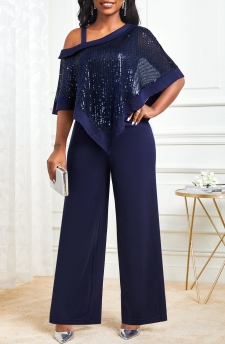 Sequin Navy Cold Shoulder Asymmetric Hem Jumpsuit