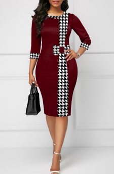Houndstooth Print Bowknot Deep Red Bodycon Dress