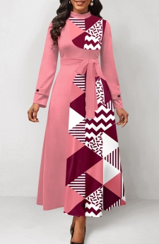Geometric Print Patchwork Belted Pink Maxi Dress