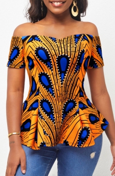 Ginger Peacock Feather Print Off Shoulder T Shirt