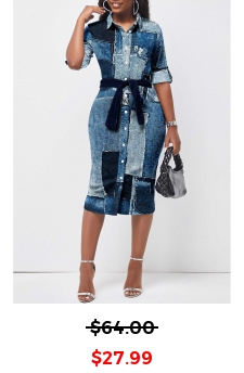 Button Belted Denim Look Print Midi Dress