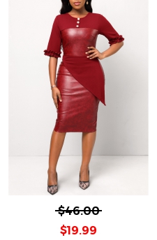 Wine Red Button Frill Half Sleeve Dress