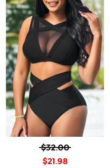 Sheer Mesh Patchwork Black Bikini Top