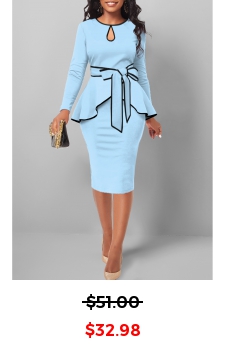 Contrast Binding Belted Light Blue Bodycon Dress