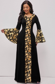 Random Floral Print Hot Stamping Black Maxi Dress