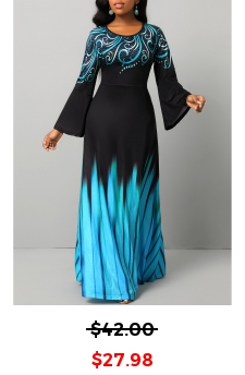 Tribal Print Breathable Blue Round Neck Maxi Dress