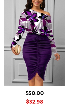 Shirred Floral Print Purple Bodycon Dress