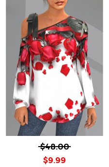 Valentines Rose Print Skew Neck White T Shirt