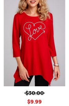 3/4 Sleeve Heart and Letter Print Asymmetric Hem T Shirt