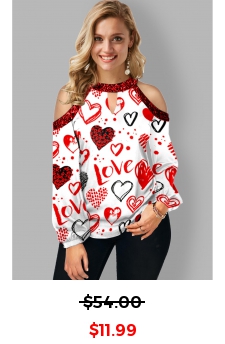 Keyhole Neckline Cold Shoulder Heart Print T Shirt