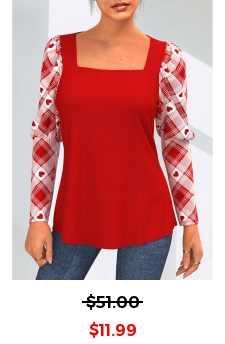 Red Square Neck Long Sleeve Valentines Plaid T Shirt
