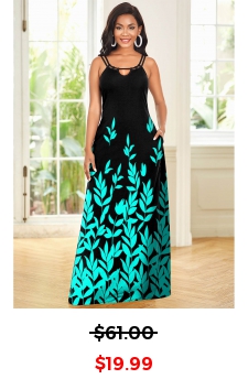 Leaf Print Double Straps Maxi Dress 