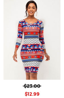 Skinny Round Neck Tribal Print Dress