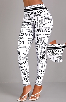 Letter Print White Elastic Waist High Waisted Leggings