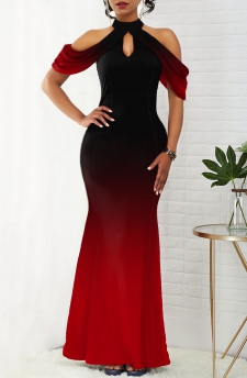 Ombre Bib Neck Cold Shoulder Mermaid Dress