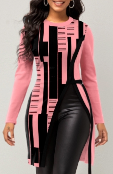 Geometric Print Pink Round Neck T Shirt