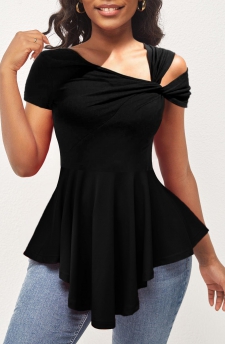 Shoulder Black Cold Asymmetrical Neck Short Sleeve T Shirt
