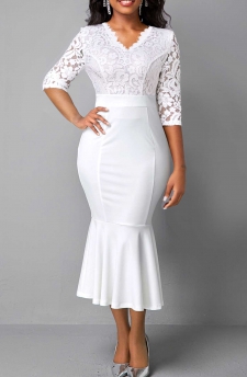 V Neck Lace White Mermaid Dress